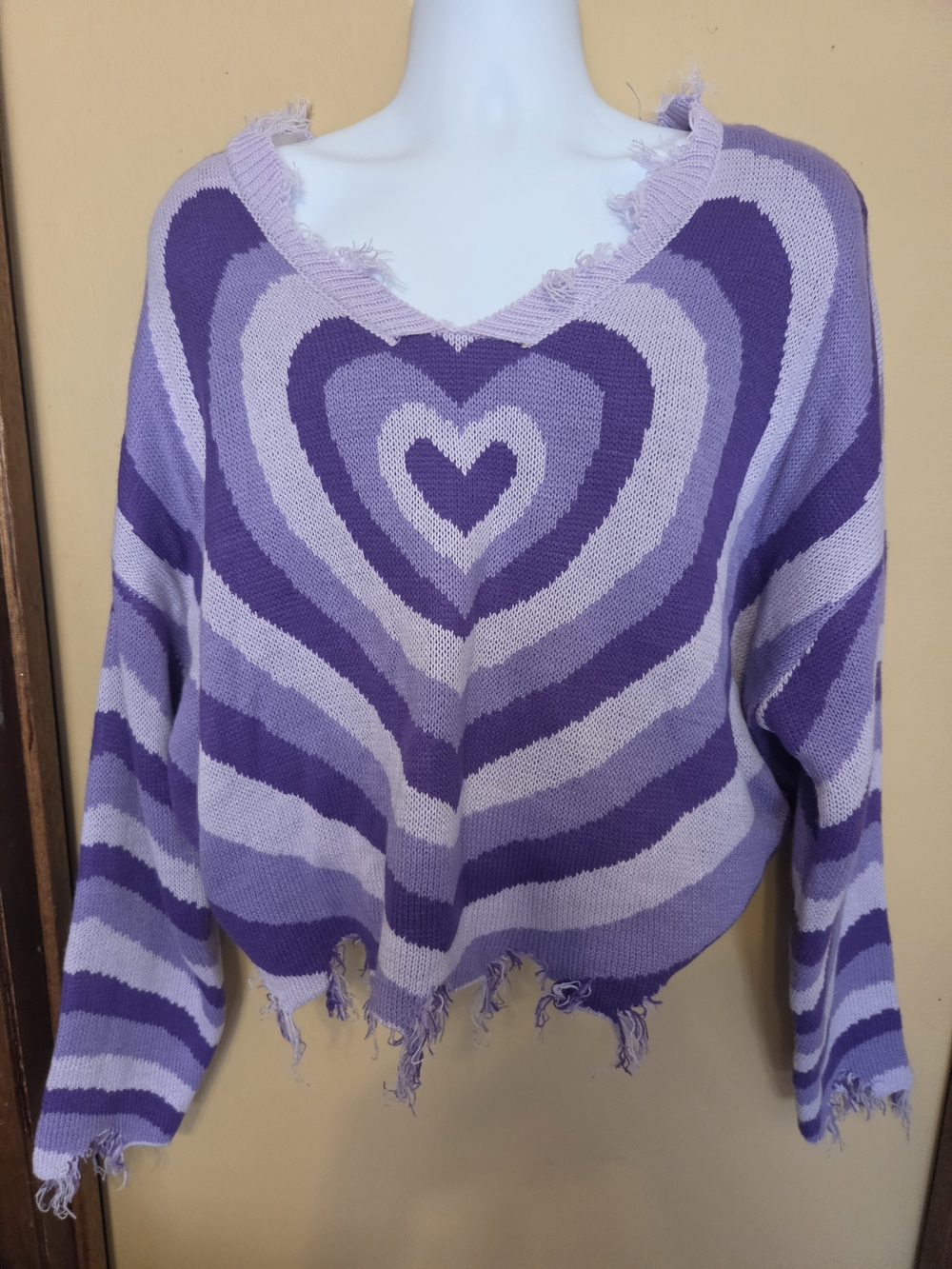 Purple Heart-Stripe Distressed V-Neck Sweater - Women